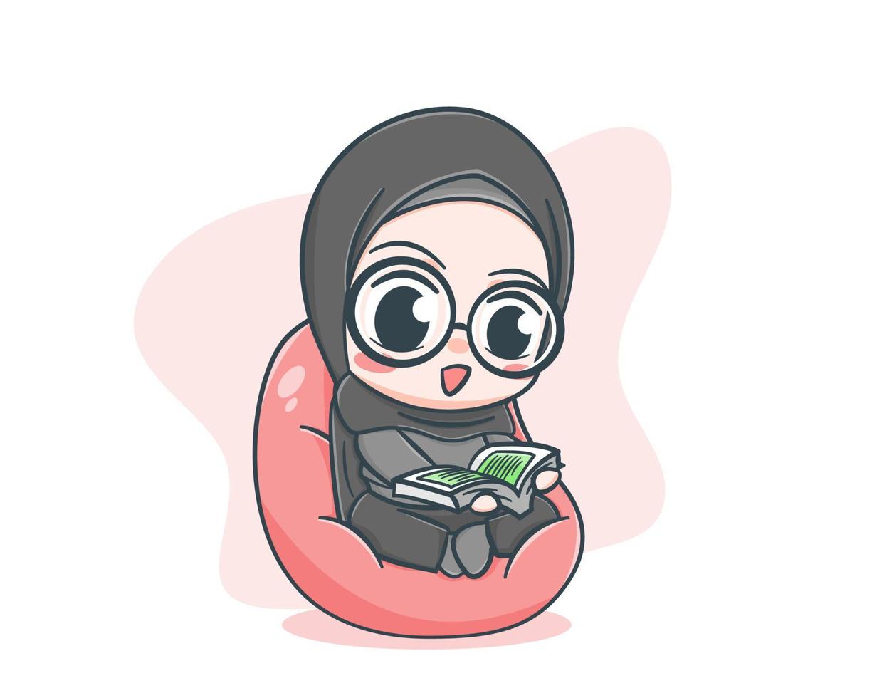 ragazza musulmana sveglia che legge il corano nell'illustrazione del fumetto del ramadan vettore