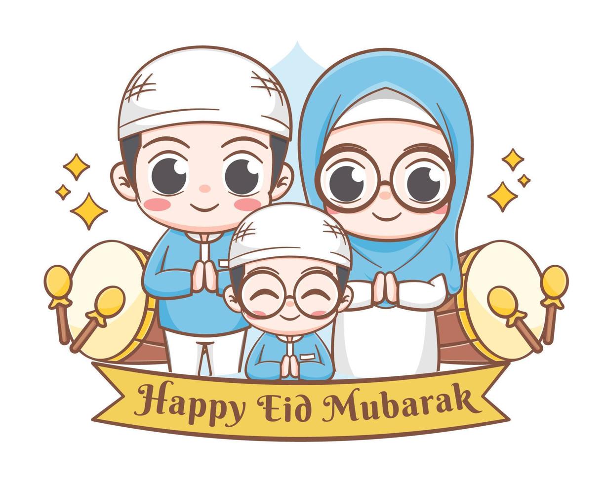 cartolina d'auguri di eid mubarak con l'illustrazione sveglia del fumetto della famiglia musulmana vettore