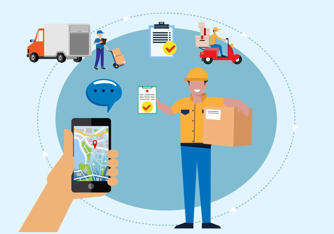 sistema di trasporto che ordina da uno smartphone con la tecnologia applicativa la consegna della merce è precisa. illustrazione vettoriale
