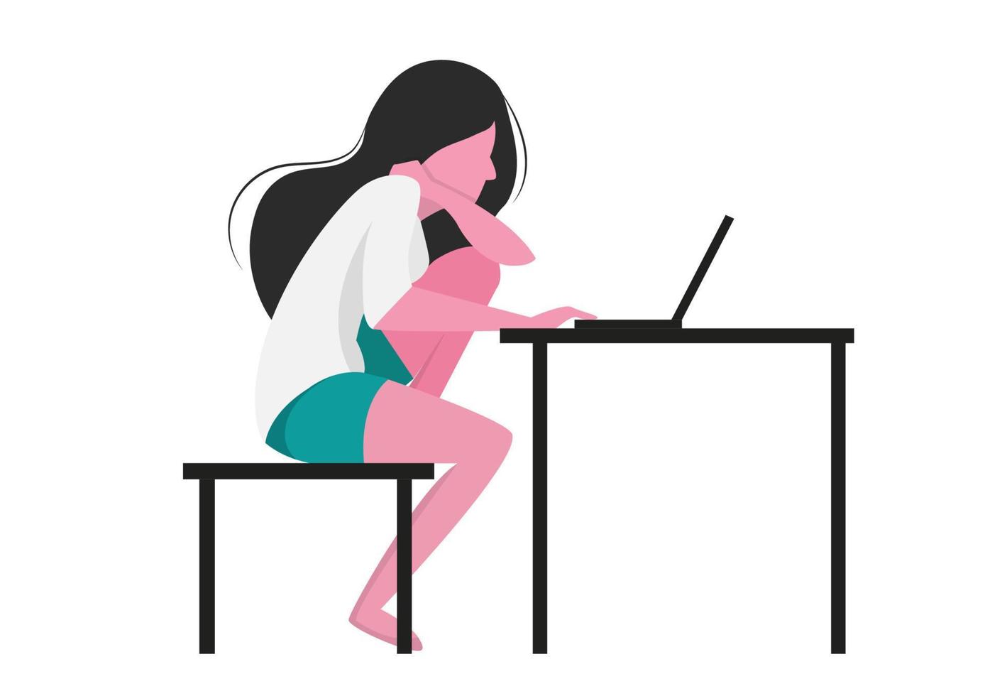 una donna seduta a casa con un laptop isolato su sfondo bianco illustrazione di idee per lavoro indipendente, studio, lavoro da casa. illustrazione vettoriale in stile cartone animato piatto