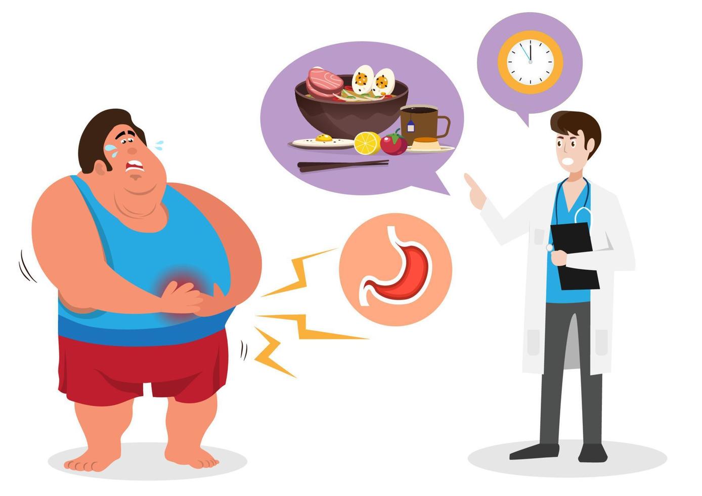 il personaggio maschile grasso ha mal di stomaco, il medico maschio dà consigli alimentari facili da digerire. mangiare in tempo. vettore di illustrazione del fumetto in stile piatto.