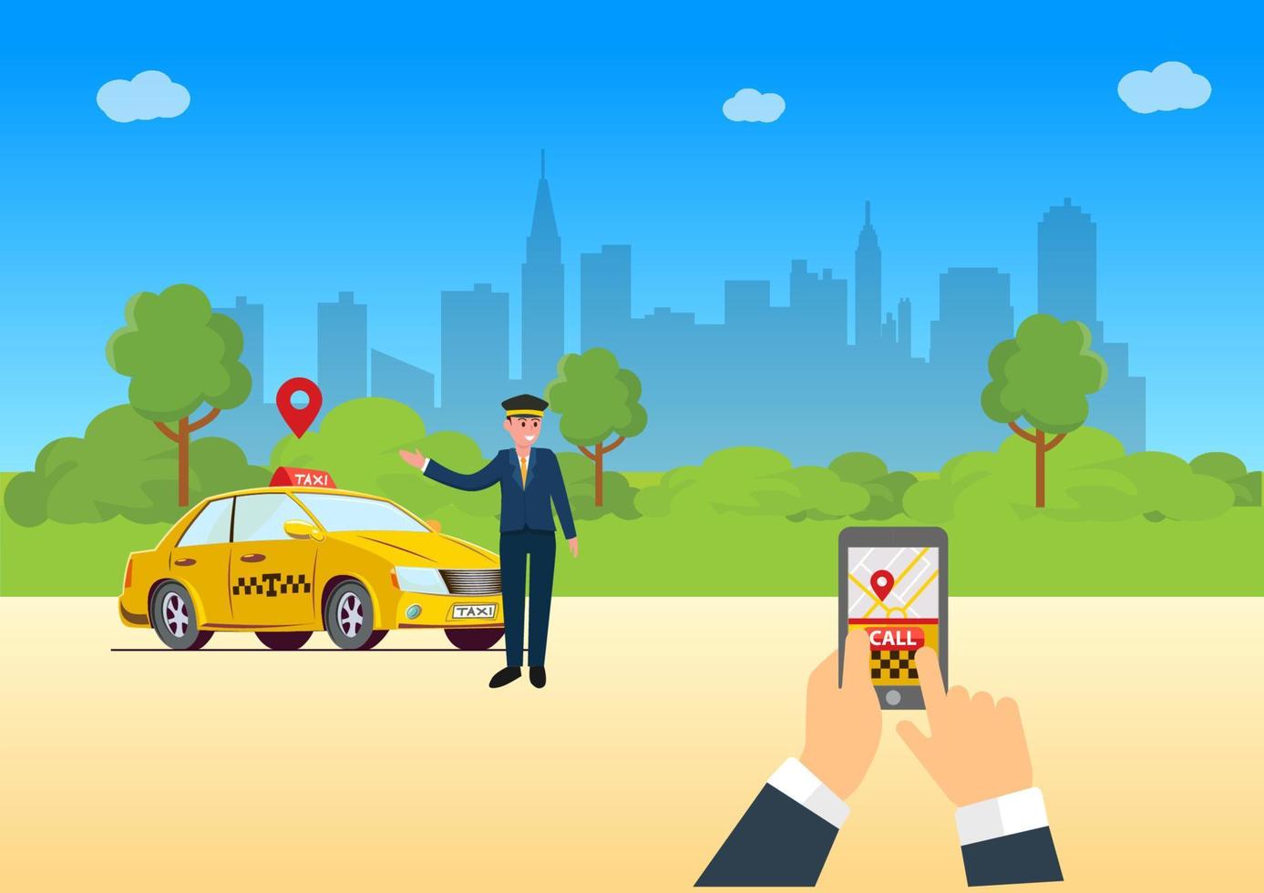 mani con smartphone e applicazione taxi, servizio taxi, taxi giallo sulla silhouette della città con grattacieli e sfondo della torre, illustrazione vettoriale. vettore