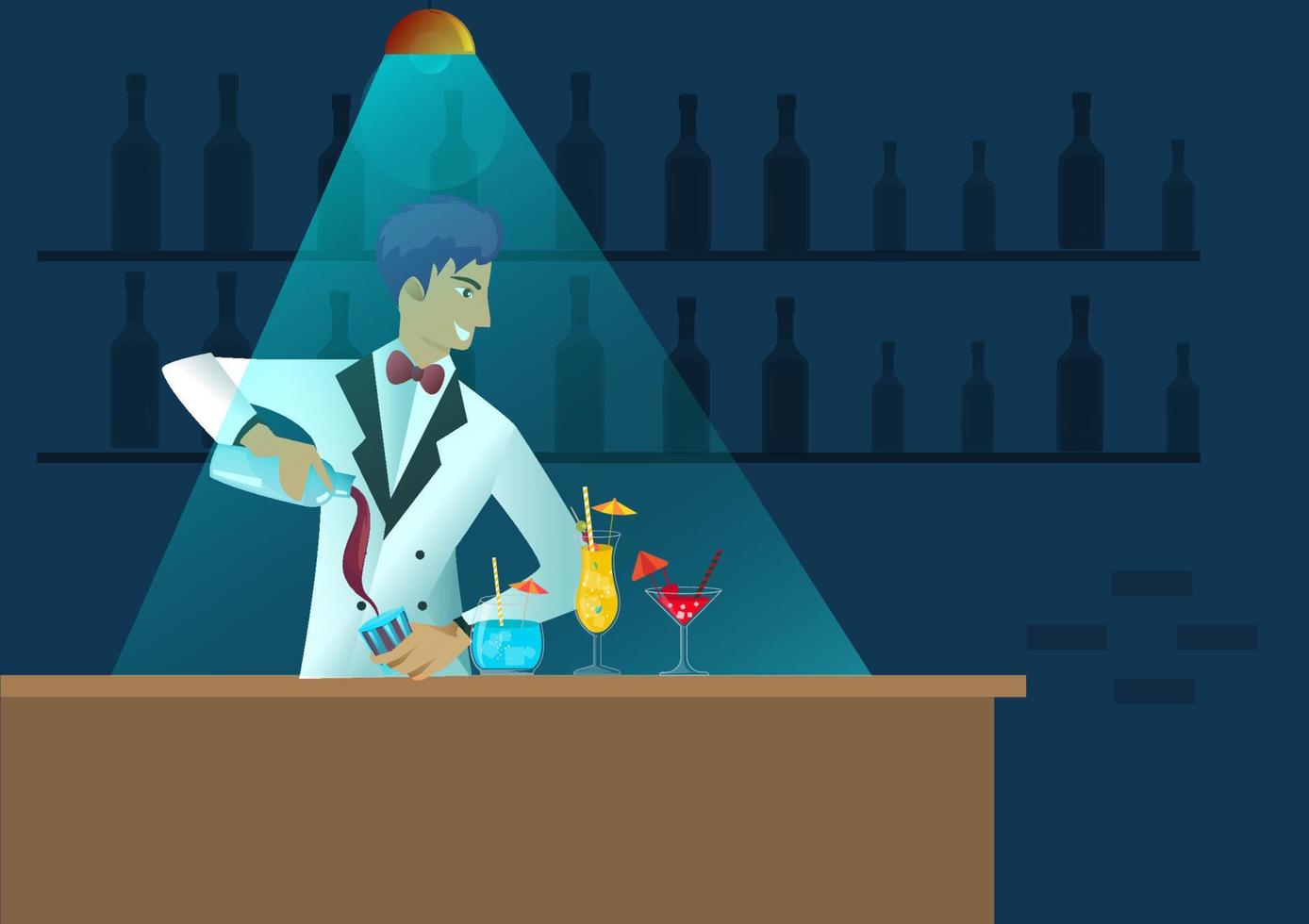 barista del fumetto che versa cocktail in un personaggio di barista di vetro al lavoro bar caffetteria pub ristorante vettore stile piatto fumetto illustrazione