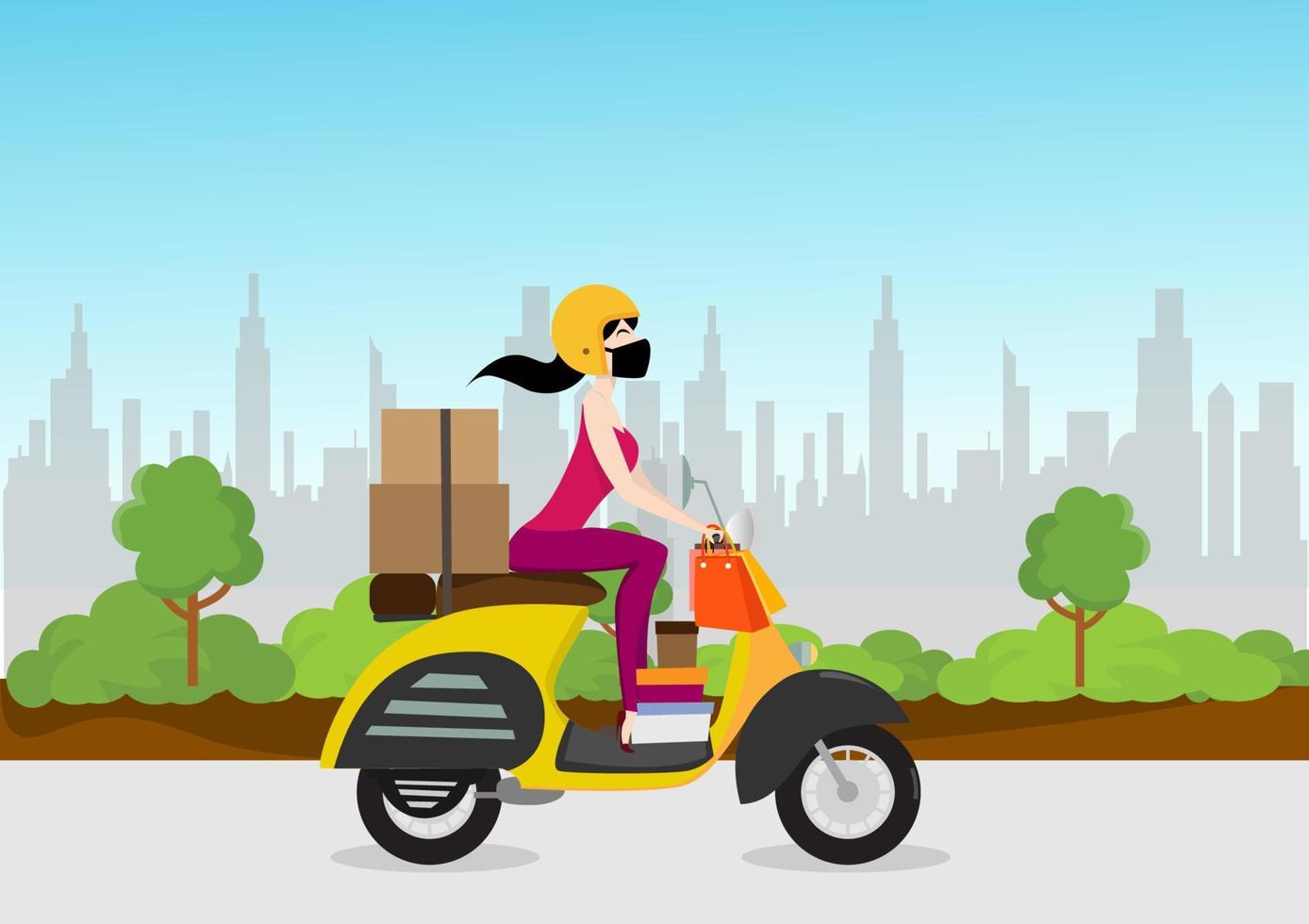 bella donna in sella a uno scooter giallo moto d'epoca scatola di trasporto servizio di consegna stile piatto illustrazione vettore