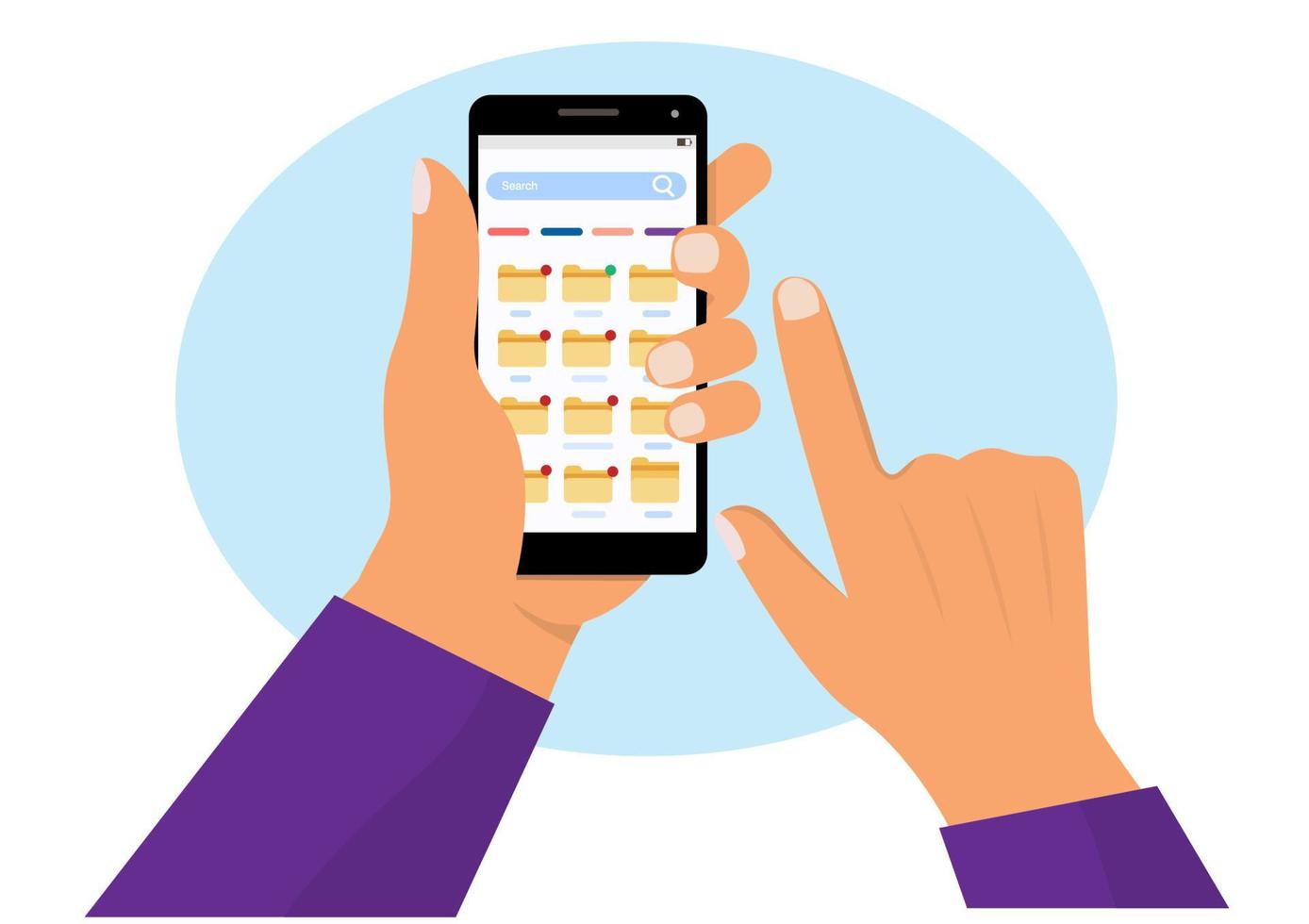 telefono cellulare moderno con ricerca cartelle e sincronizzazione cloud con display touch screen per cartelle ed elementi. illustrazione vettoriale di cartone animato in stile piatto