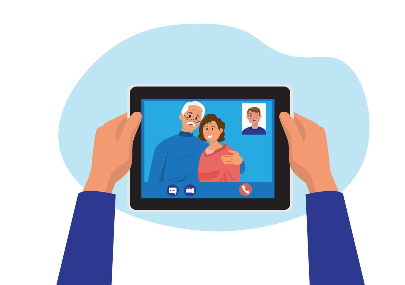 videochiamata di famiglia online con laptop, nonni, saluti virtuali nell'app di videochiamata mobile. illustrazione vettoriale di cartone animato in stile piatto