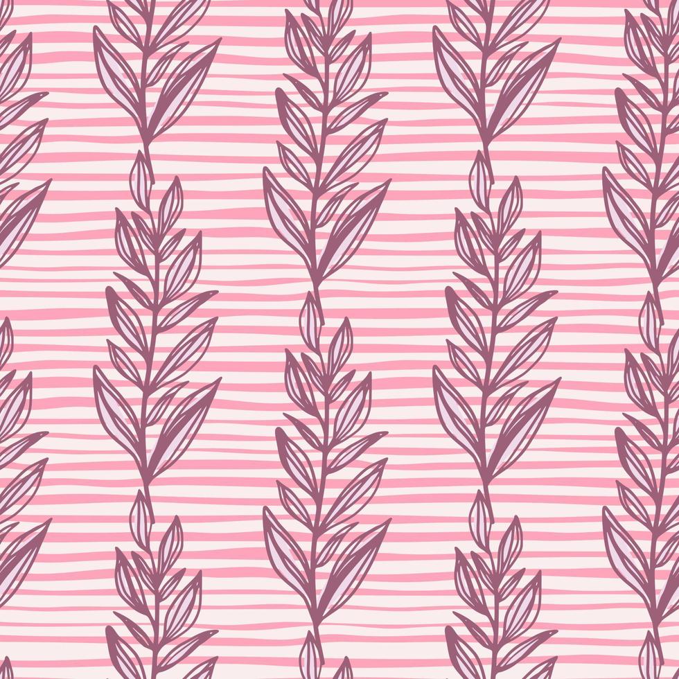 contorno foglia ramo ornamento seamless doodle pattern. fogliame sagomato viola su sfondo con strisce rosa. vettore