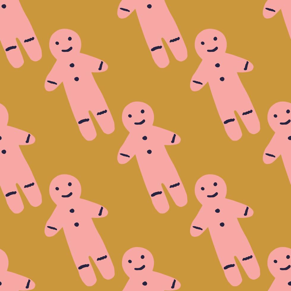 modello di doodle senza cuciture del biscotto dell'uomo di pan di zenzero rosa. delizioso ornamento gustoso disegnato a mano su sfondo arancione pallido. vettore