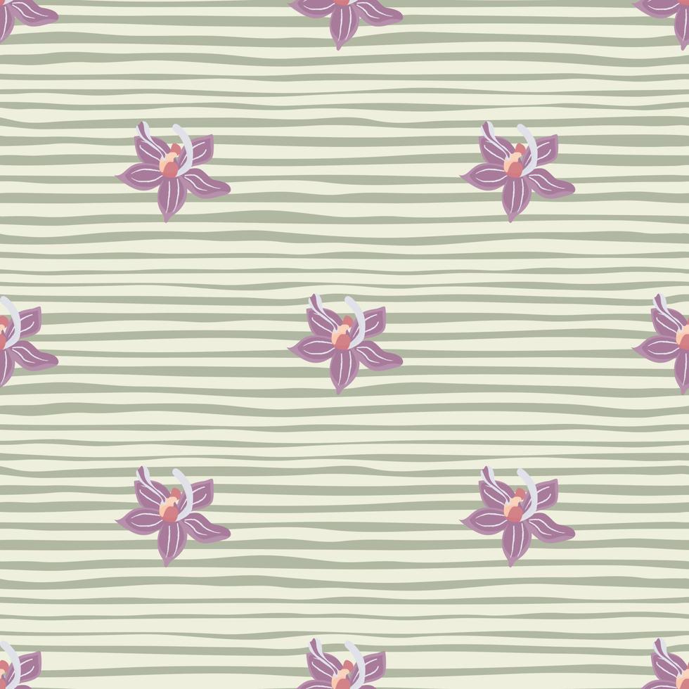 viola pallido doodle fiori di orchidea ornamento senza cuciture. sfondo a righe grigie. stile semplice. vettore