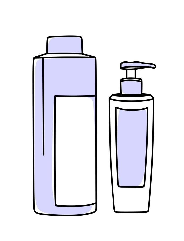 prodotti per la cura dei capelli. shampoo e balsamo per capelli. in un'illustrazione vettoriale a colori molto peri in stile doodle.