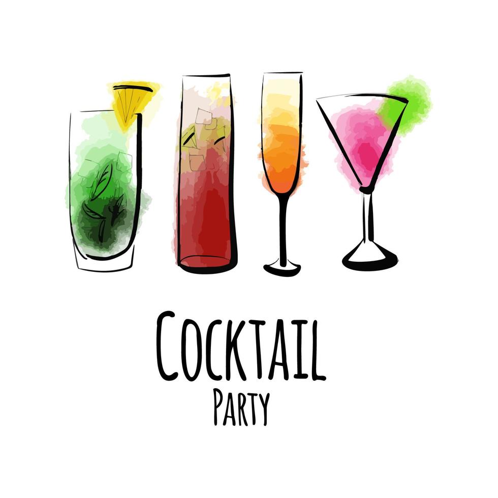 bicchieri con cocktail diversi, un'illustrazione vettoriale di un cocktail party isolata su sfondo bianco