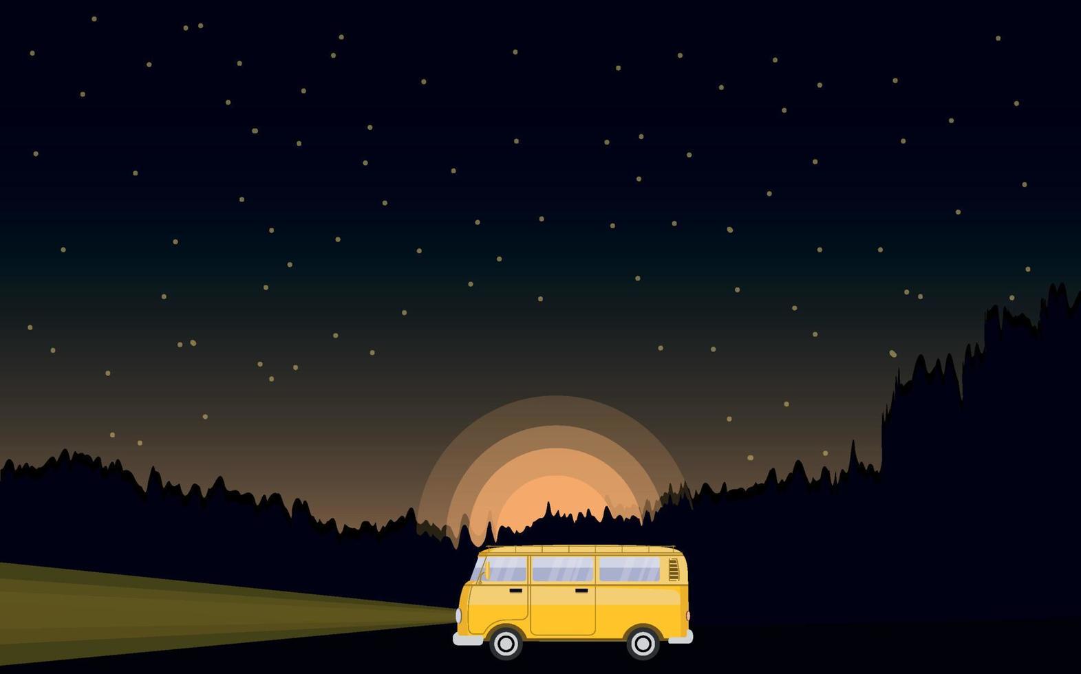 road trip.parco naturale o sfondo forestale con auto giallo brillante. illustrazione night.vector in stile cartone animato piatto. illustrazione vettoriale