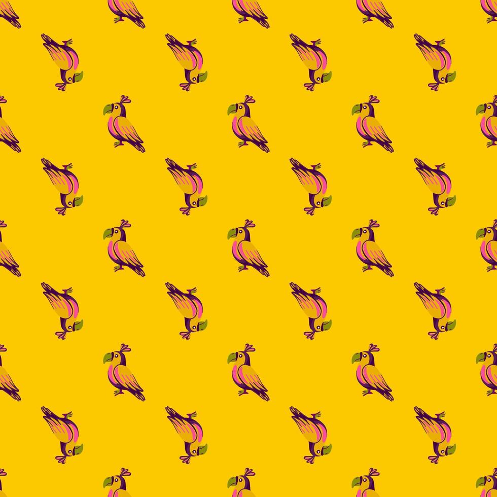 sagome di pappagallo di colore rosa modello doodle senza cuciture. sfondo giallo brillante. stampa di uccelli animali. vettore