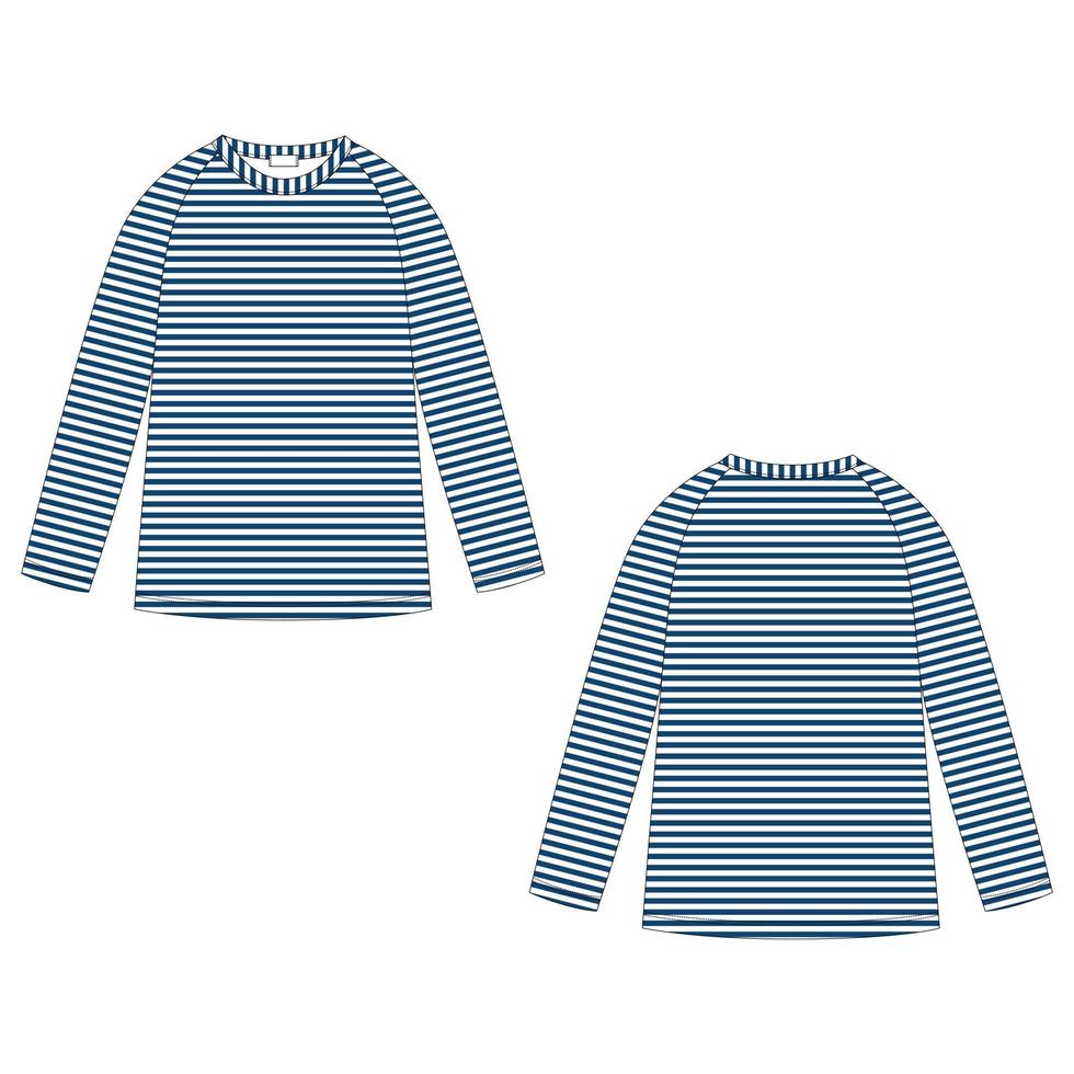 Felpa raglan a righe blu navy con disegno tecnico per bambini isolata su sfondo bianco. i bambini indossano il modello di progettazione del maglione. vista frontale e posteriore. vettore
