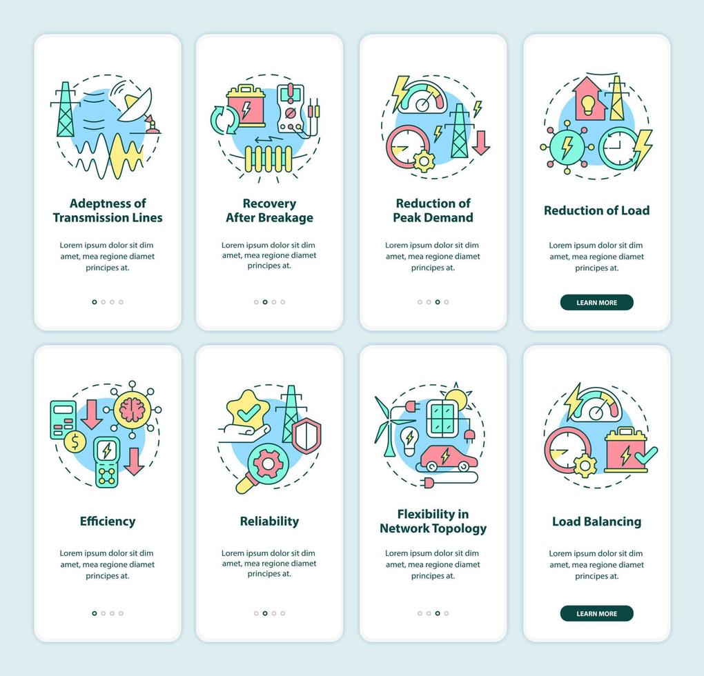 set di schermate dell'app mobile per l'onboarding di smart grid. guida all'energia elettrica 4 passaggi pagine di istruzioni grafiche con concetti lineari. ui, ux, modello gui. sono stati utilizzati una miriade di caratteri normali in grassetto vettore