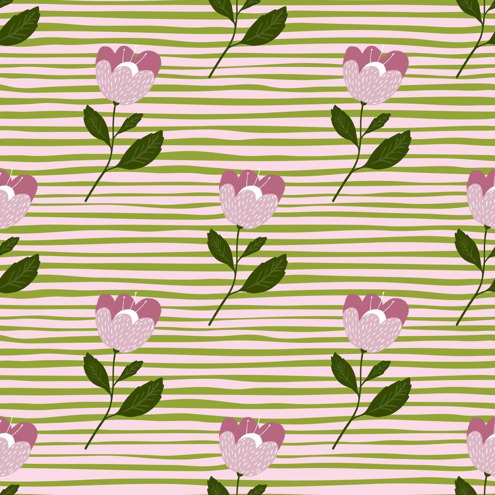 doodle geometrico fiori rosa motivo senza cuciture su sfondo a strisce. vettore