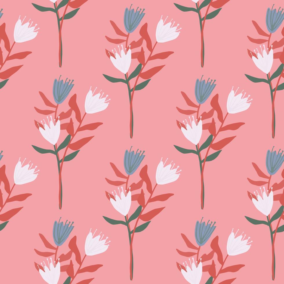 motivo floreale senza cuciture estivo con bouquet di tulipani. fiori blu e bianchi con foglie rosse. sfondo rosa. vettore
