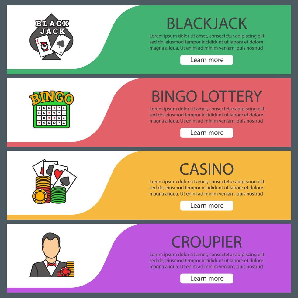 set di modelli di banner web del casinò. blackjack, lotteria bingo, casinò, croupier. voci di menu a colori del sito Web. concetti di progettazione di intestazioni vettoriali