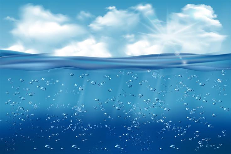 Fondo sottomarino realistico. Oceano acque profonde, mare sotto il livello dell&#39;acqua, raggi del sole blu onda orizzonte. Concetto di vettore di superficie 3D acqua