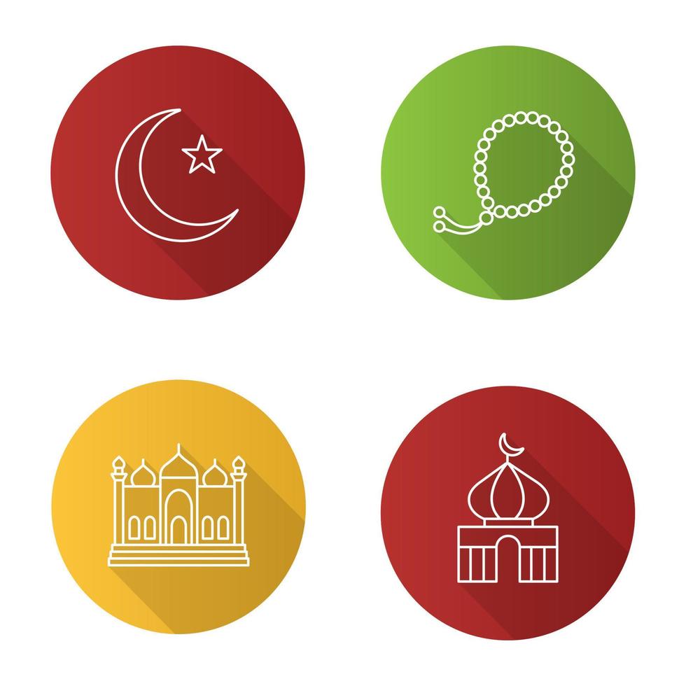 icona del glifo con ombra lunga design piatto cultura islamica. falce di luna e stella, moschee, misbaha. illustrazione vettoriale silhouette