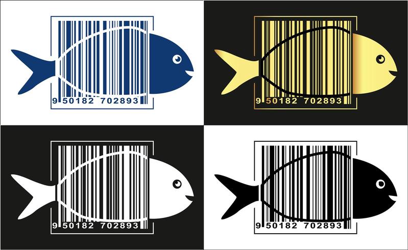 Logo pesce, pesce in codice a barre sul suo corpo. Illustrazione vettoriale