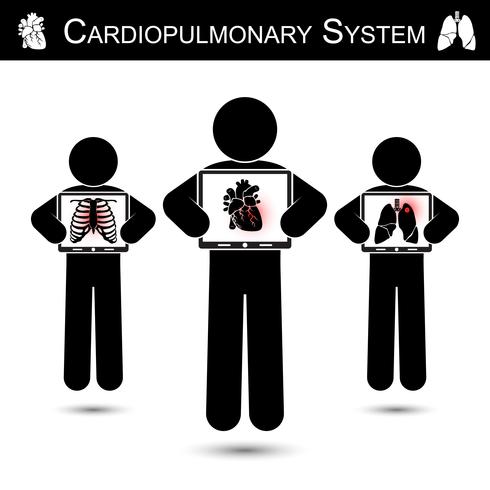 Sistema cardiopolmonare. Schermo del monitor della stretta umana e visualizzazione dello scheletro (danno al torace), cuore (infarto miocardico), polmone (tubercolosi polmonare) (concetto di RCP) vettore