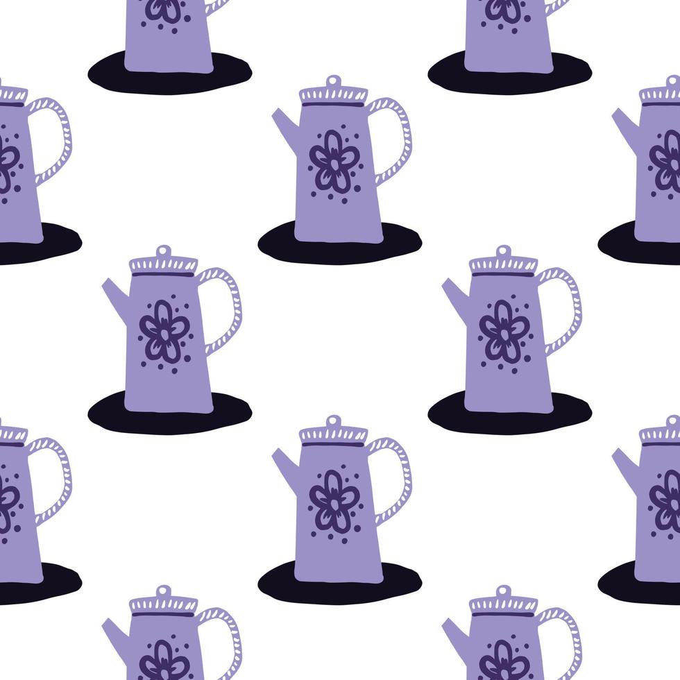 modello di teiere viola senza cuciture isolato. ornamento da cucina doodle su sfondo bianco. vettore