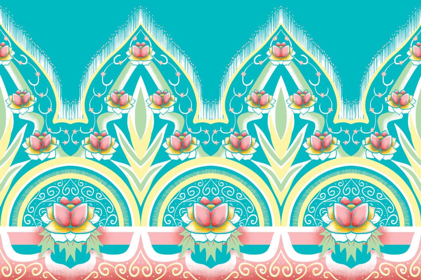 fiore giallo, verde, rosa su verde acqua blu. disegno tradizionale geometrico etnico orientale modello per sfondo, moquette, carta da parati, abbigliamento, confezionamento, batik, tessuto, illustrazione vettoriale stile ricamo