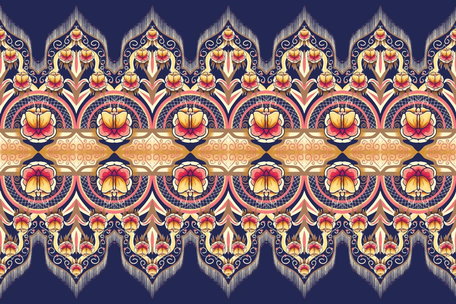 fiore rosa giallo marrone su blu navy. disegno tradizionale geometrico etnico orientale modello per sfondo, moquette, carta da parati, abbigliamento, confezionamento, batik, tessuto, illustrazione vettoriale stile ricamo