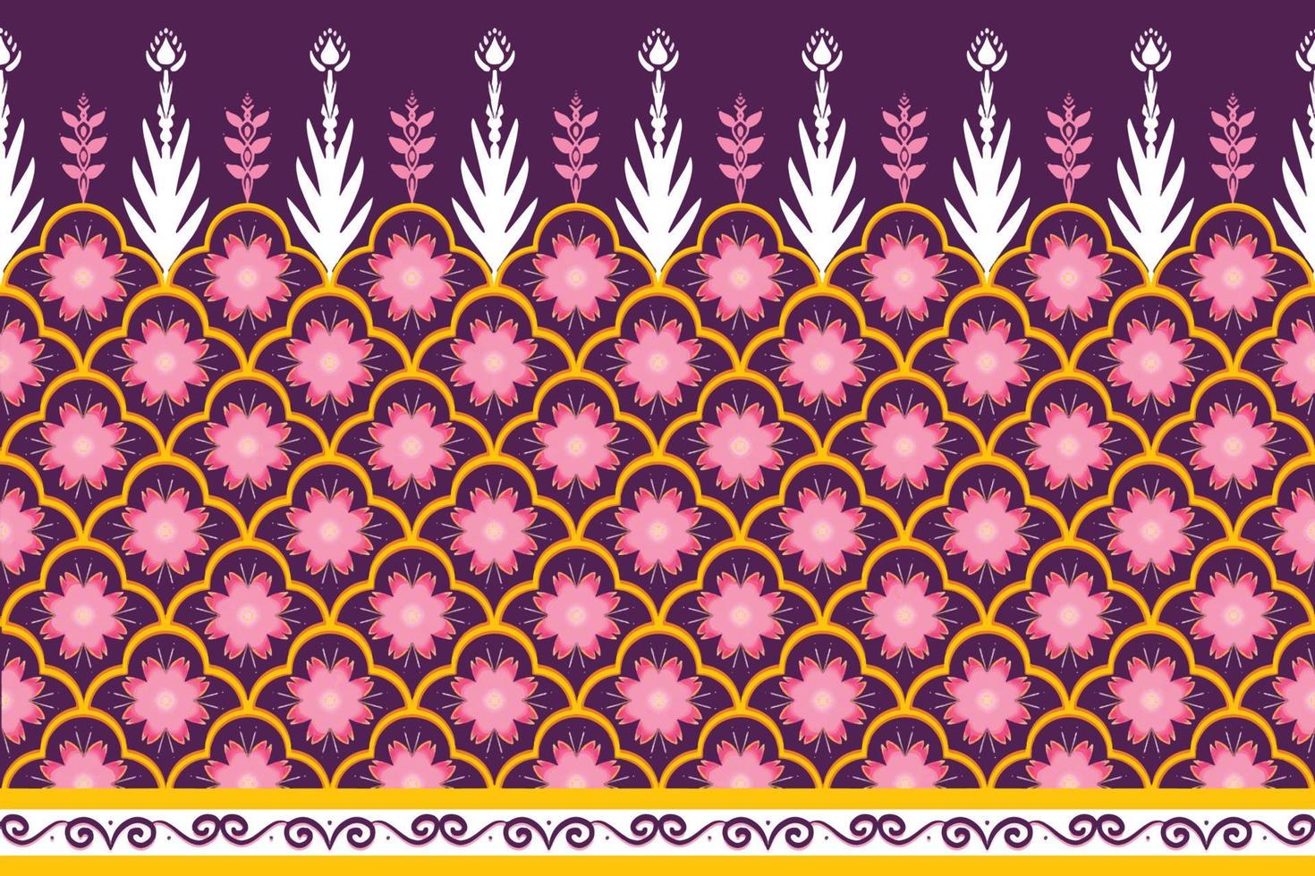 rosa, giallo, bianco su viola. disegno tradizionale geometrico etnico orientale modello per sfondo, moquette, carta da parati, abbigliamento, confezionamento, batik, tessuto, illustrazione vettoriale stile ricamo