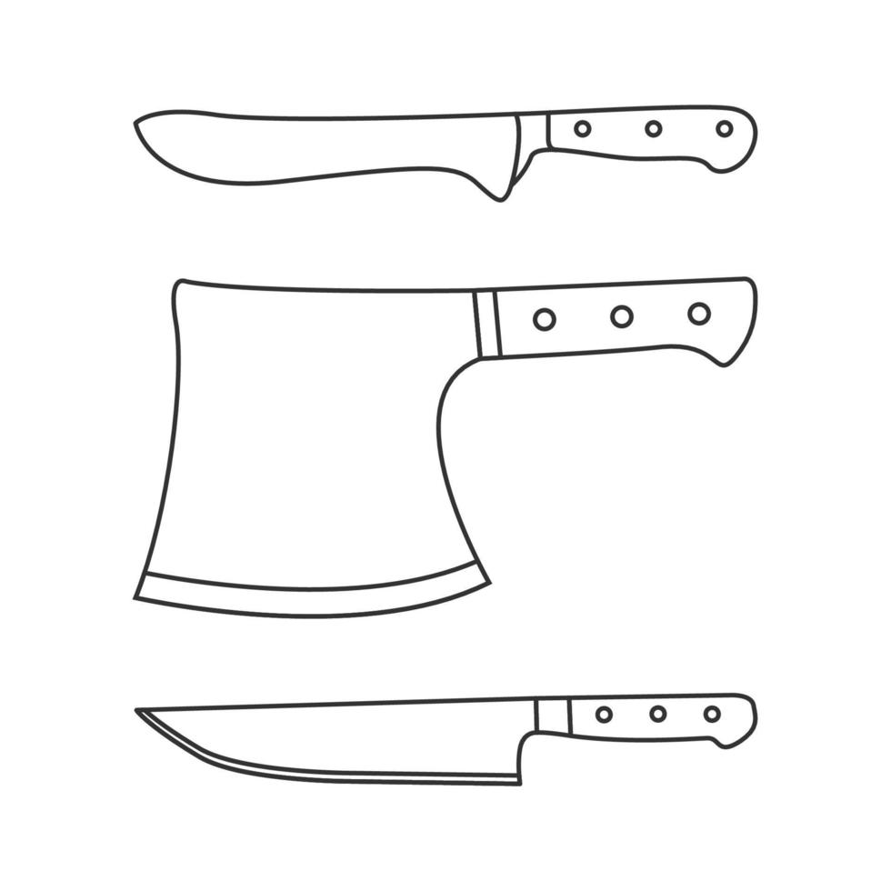 macellaio e coltello da cucina set 4 contorno icona illustrazione su sfondo bianco vettore