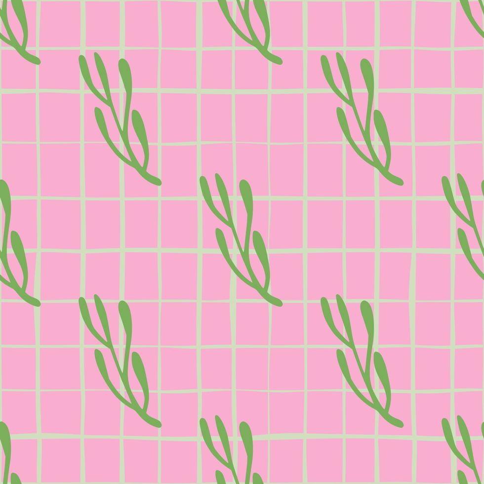 modello doodle senza cuciture in stile geometrico astratto con rami verdi. sfondo a scacchi rosa. vettore