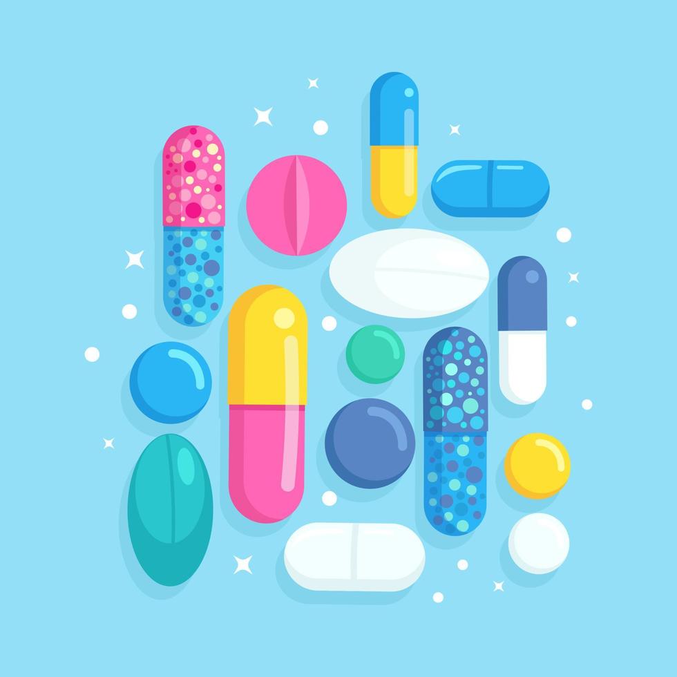 set di pillole, medicine, farmaci. compresse antidolorifiche, vitamine, antibiotici farmaceutici. concetto di assistenza sanitaria. disegno del fumetto vettoriale