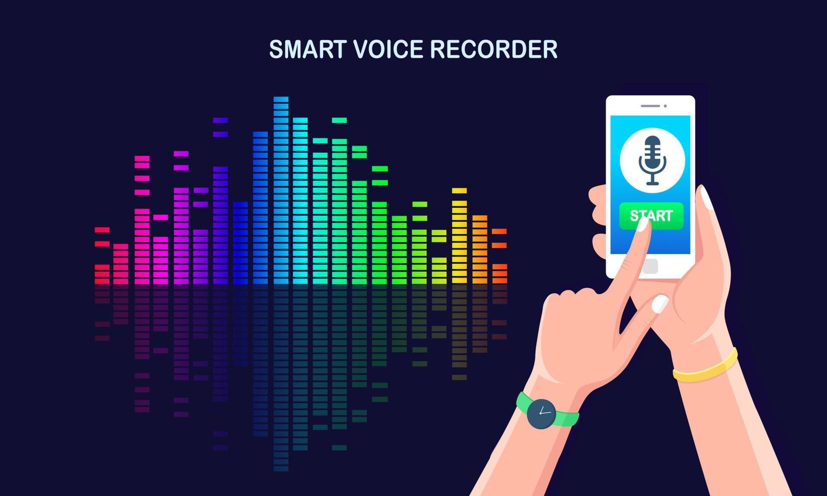 suono dell'onda del gradiente audio dall'equalizzatore. cellulare con icona del microfono sullo schermo. app per telefoni cellulari per la registrazione della radio vocale digitale. frequenza musicale nello spettro dei colori. design piatto vettoriale