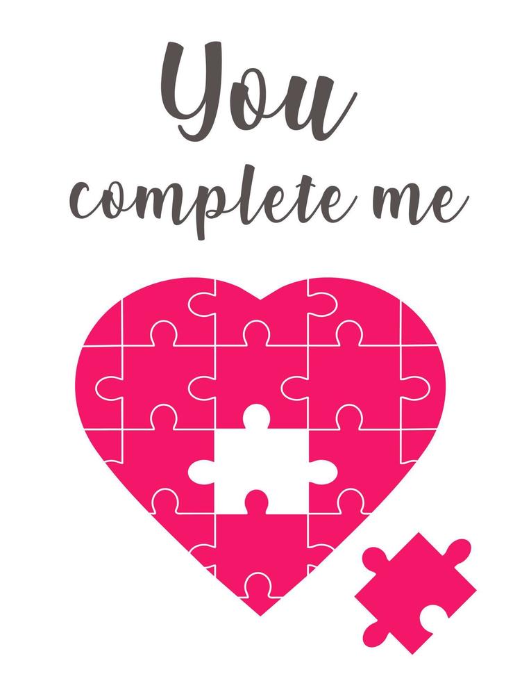 biglietto di san valentino con cuore e pezzi di puzzle e scritta "tu mi completi". concetto romantico. illustrazione vettoriale adatta per poster, flyer. ti amo biglietti di auguri.