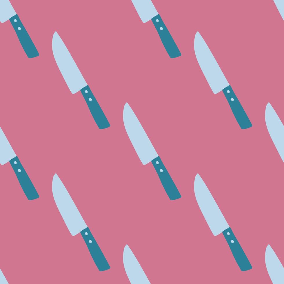 modello senza cuciture con elementi di coltello nei toni del blu doodle. sfondo di colore rosa. cucina astratta stampa. vettore