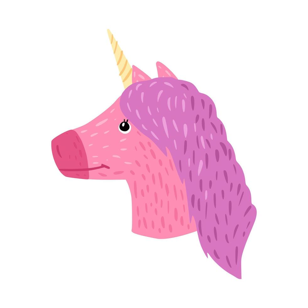 testa di unicorno isolato su sfondo bianco. cartone animato carino personaggio colore rosa in doodle. vettore