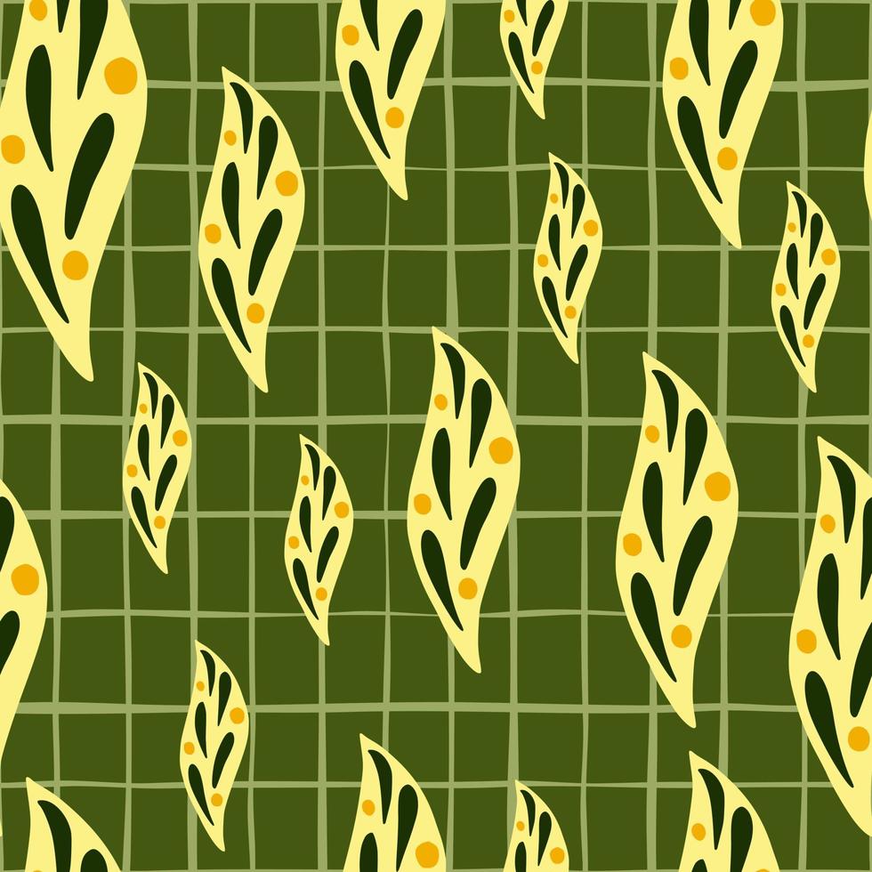 ornamento foglia astratto giallo senza cuciture in stile geometrico. sfondo a scacchi verde. vettore