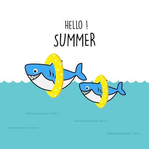 Ciao estate simpatico cartone animato di squalo. vettore
