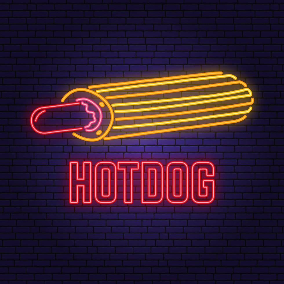 neon hot dog francia retrò segno su sfondo muro di mattoni. design per bar, ristorante. vettore. design al neon per pub o fast food. striscione segno luminoso. tubo di vetro. vettore