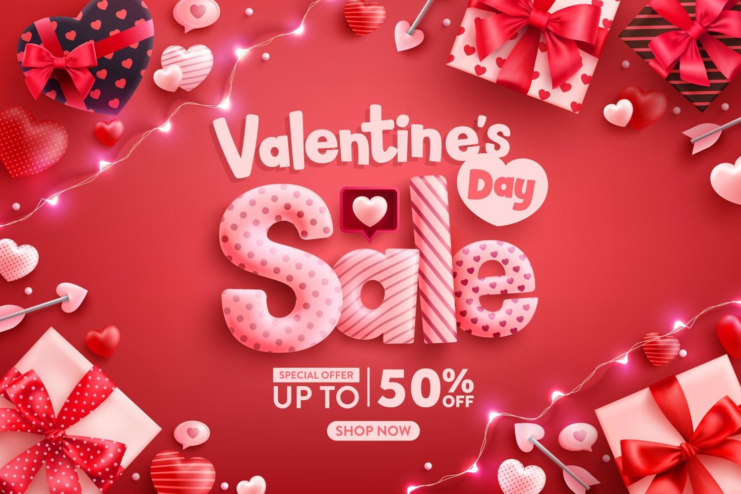 poster di san valentino con cuore carino, confezione regalo ed elementi di san valentino su sfondo rosso. modello di promozione e shopping per amore e concetto di san valentino. vettore