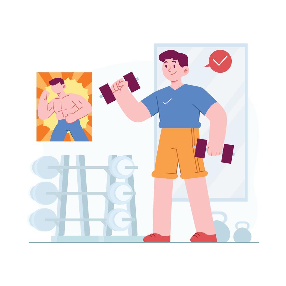 idea di illustrazione vettoriale di concetto di palestra per modello di pagina di destinazione, fitness con attività di allenamento, esercizio sportivo, attività fisica al chiuso del corpo per la salute, aumento di peso o cardio. stile piatto disegnato a mano