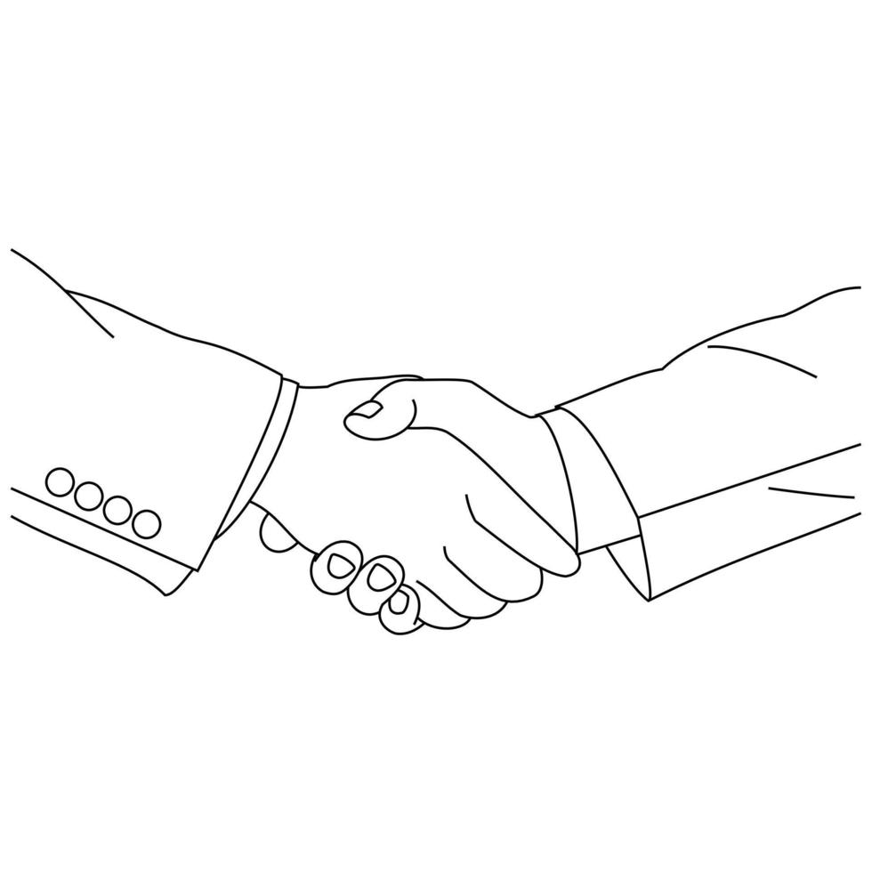 illustrazione linea di disegno un'immagine di due uomini d'affari si stringono la mano. le trattative degli uomini d'affari o l'adesione all'attività sono illustrate da una stretta stretta di mano tra due uomini isolati su sfondo bianco vettore
