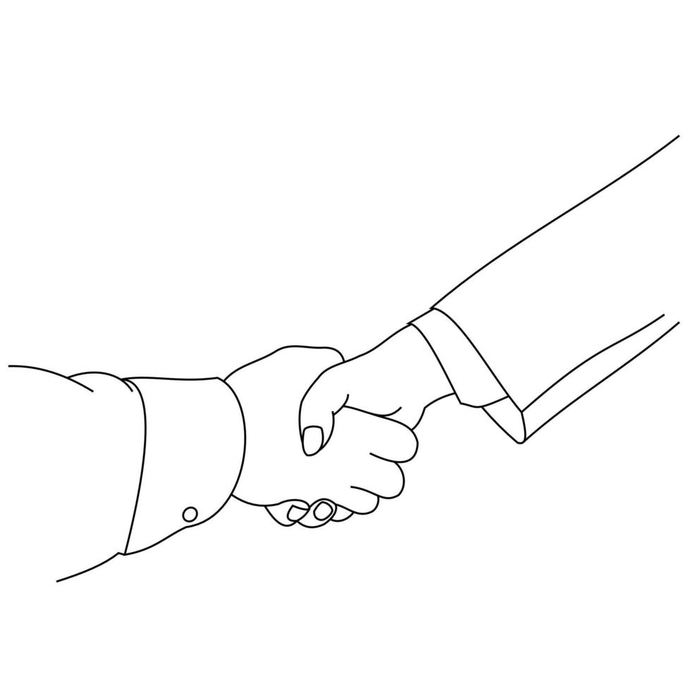 illustrazione linea di disegno un'immagine di due uomini d'affari si stringono la mano. le trattative degli uomini d'affari o l'adesione all'attività sono illustrate da una stretta stretta di mano tra due uomini isolati su sfondo bianco vettore