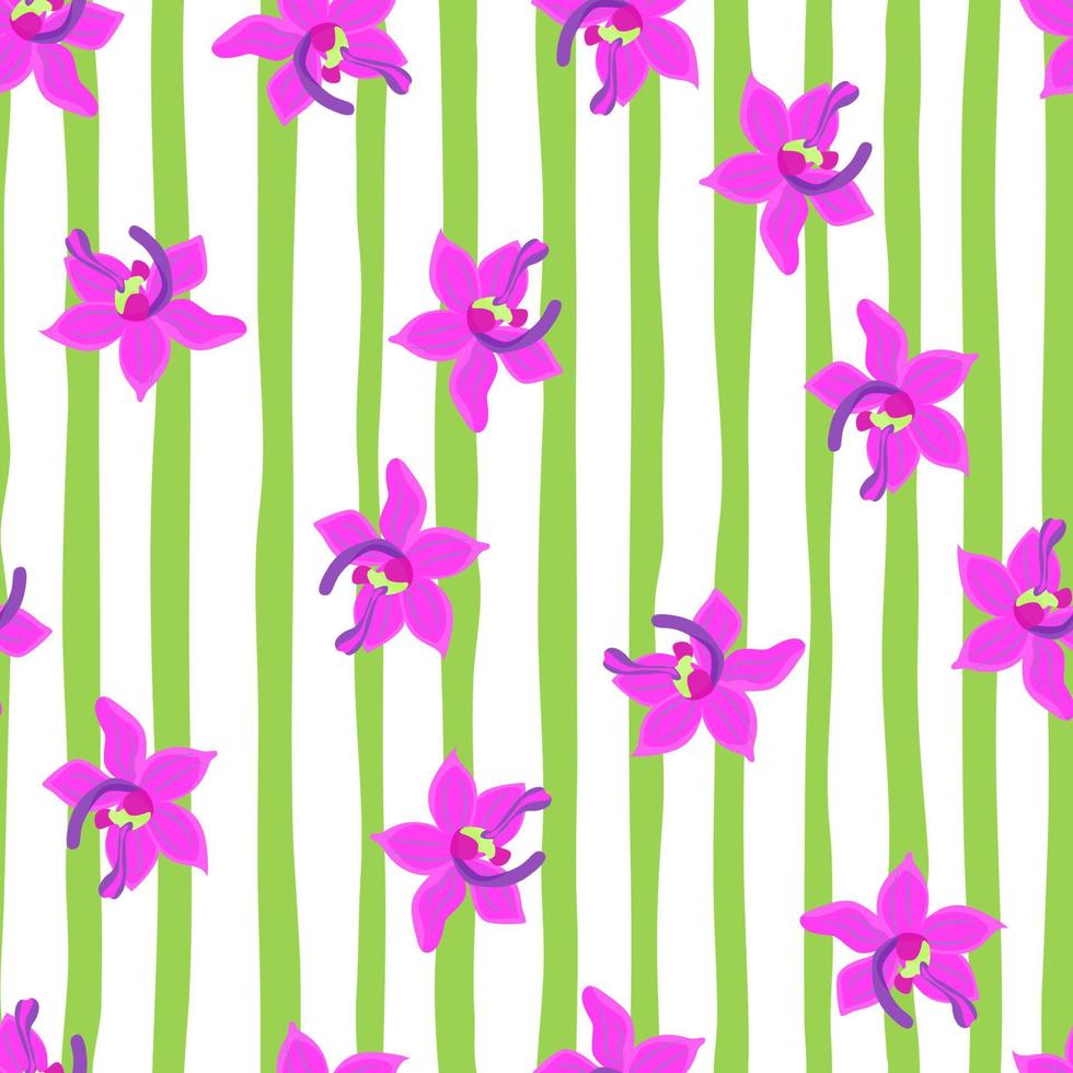 rosa brillante fiori di orchidea sagome senza cuciture. sfondo floreale. sfondo a strisce bianche e verdi. vettore