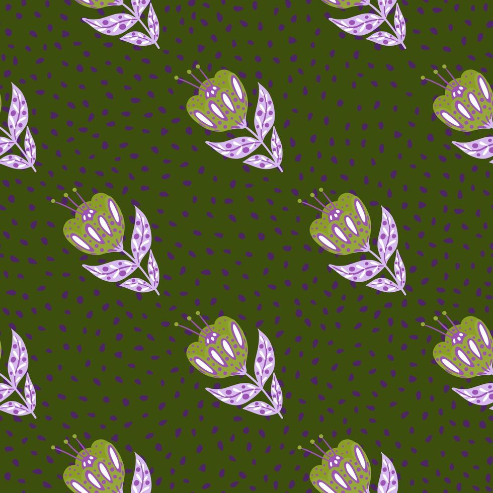 vintage fiori folk silhhouette seamless doodle pattern in stile disegnato a mano. sfondo verde punteggiato. vettore