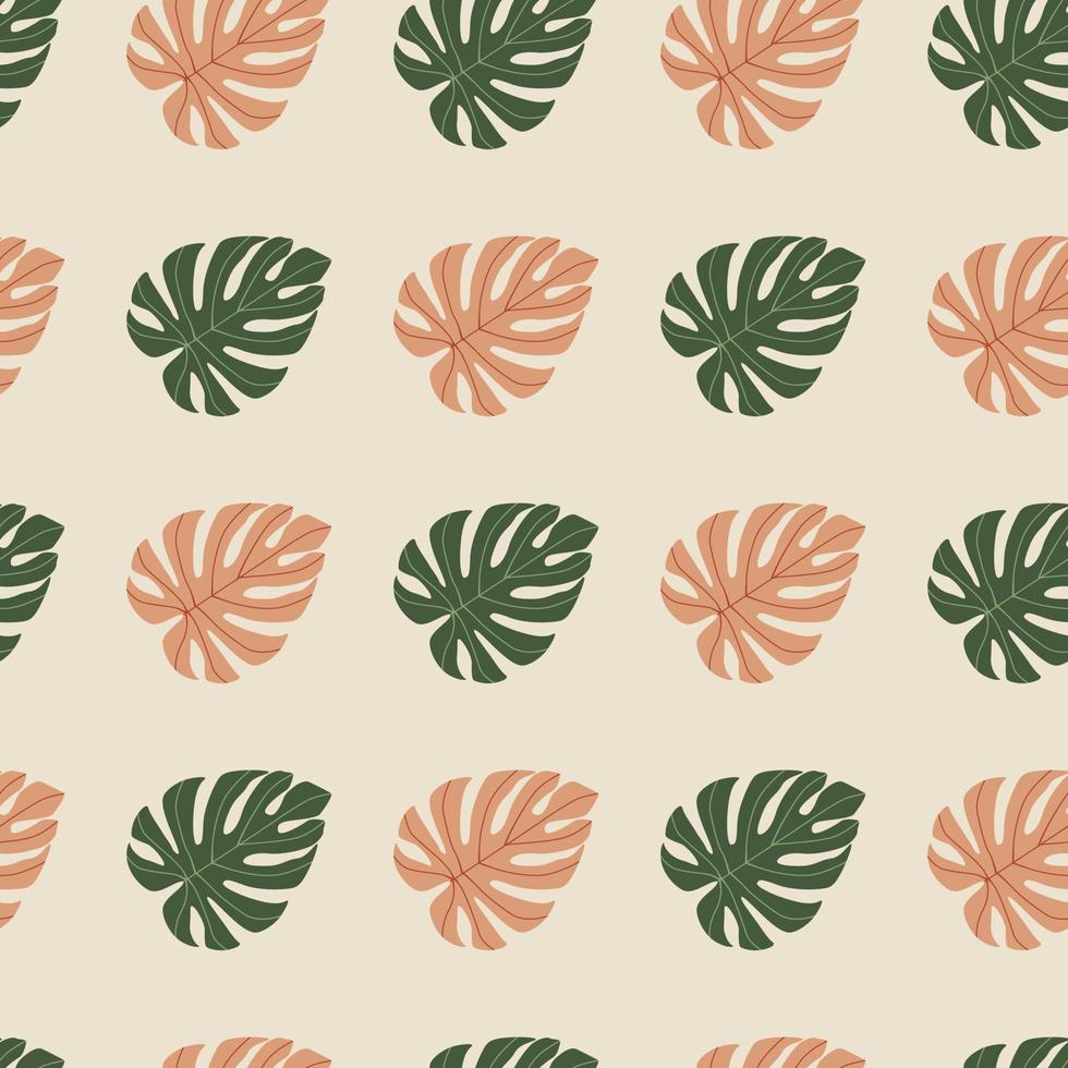 modello senza cuciture della pianta creativa tropicale. monstera lascia sagome ornamento nei toni del verde e dell'arancione su sfondo grigio. vettore