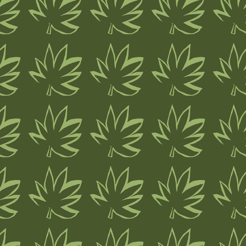 motivo geometrico senza cuciture su sfondo grigio scuro con foglie di cannabis verdi. carta da parati infinita della siluetta del profilo della cannabis. vettore
