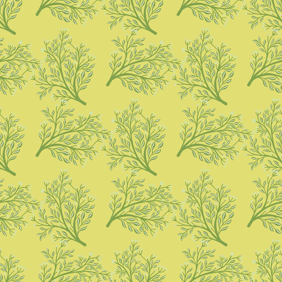 arbusto verde casuale sagome senza cuciture in stile doodle. sfondo giallo chiaro. scarabocchio stampa astratta. vettore
