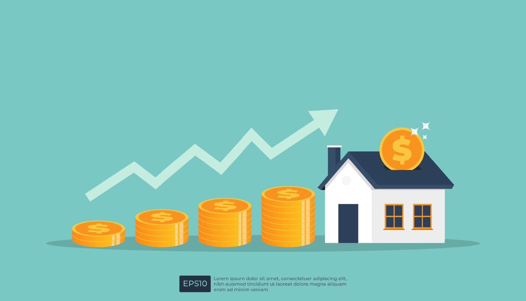 risparmio di denaro in monete per acquistare una casa, concetto di proprietà, mutuo e investimento immobiliare. vettore